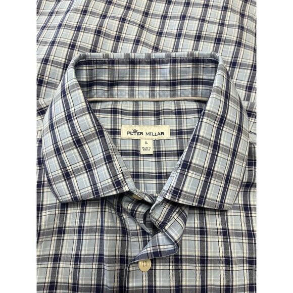Peter Millar Shirt Mens Large Button Up Navy, White, Light Blue Plaid EUC Golf - Picture 1 of 9
